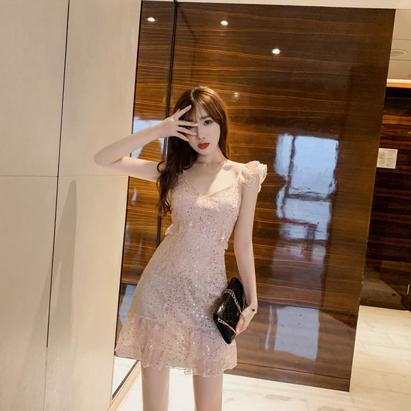 Summer Women Pink Sexy V-neck Ruffle Sequin Sling Strap Lace Dress