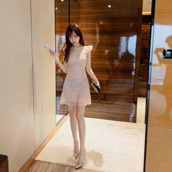 Summer Women Pink Sexy V-neck Ruffle Sequin Sling Strap Lace Dress