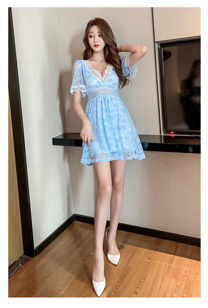 Sexy Women Temperament Floral Lace Low V Cut Dress Princess Skirt