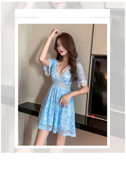 Sexy Women Temperament Floral Lace Low V Cut Dress Princess Skirt