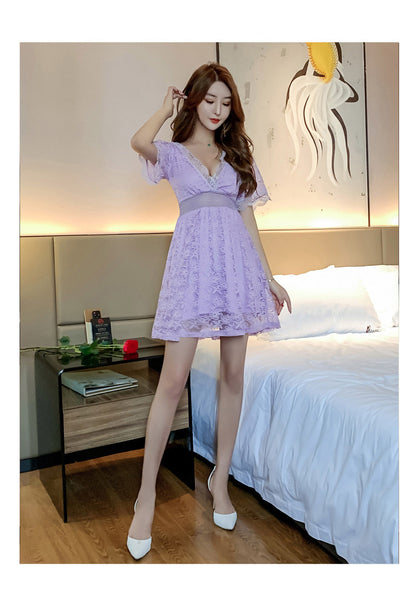 Sexy Women Temperament Floral Lace Low V Cut Dress Princess Skirt