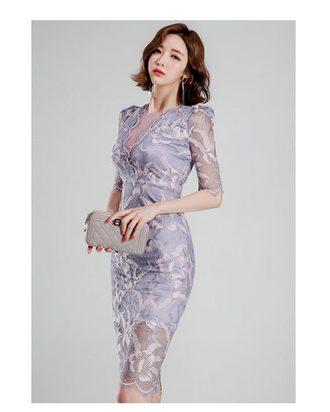 High Quality Women Lace Temperament Elegant Mid Length Hips Pencil Dress