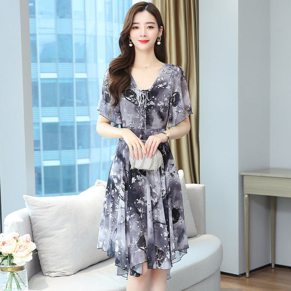 New Trendy Fairy Sweet Lady Chiffon Floral Retro Knee Length Dress
