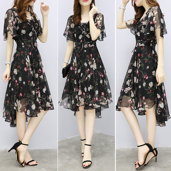 New Trendy Fairy Sweet Lady Chiffon Floral Retro Knee Length Dress