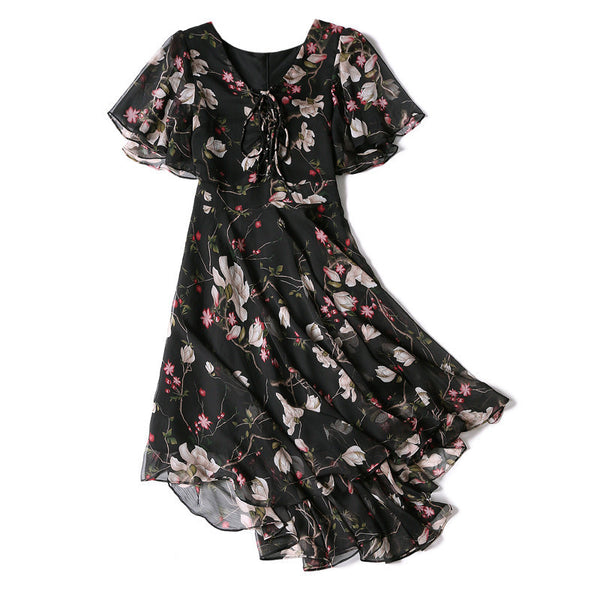 New Trendy Fairy Sweet Lady Chiffon Floral Retro Knee Length Dress