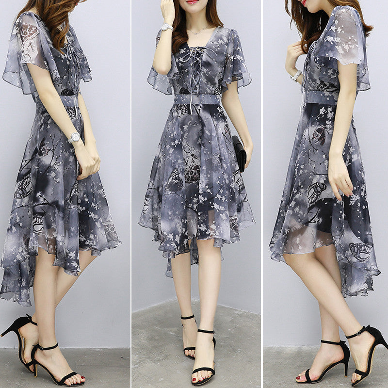 New Trendy Fairy Sweet Lady Chiffon Floral Retro Knee Length Dress
