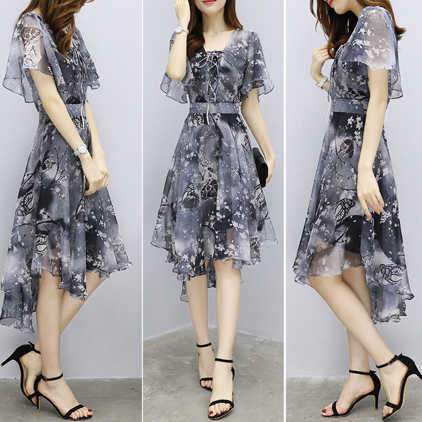 New Trendy Fairy Sweet Lady Chiffon Floral Retro Knee Length Dress