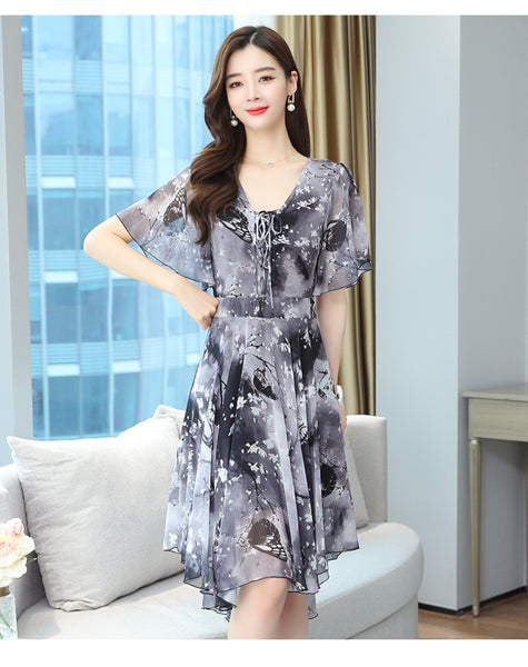 New Trendy Fairy Sweet Lady Chiffon Floral Retro Knee Length Dress