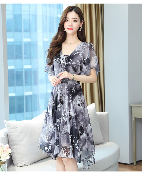 New Trendy Fairy Sweet Lady Chiffon Floral Retro Knee Length Dress