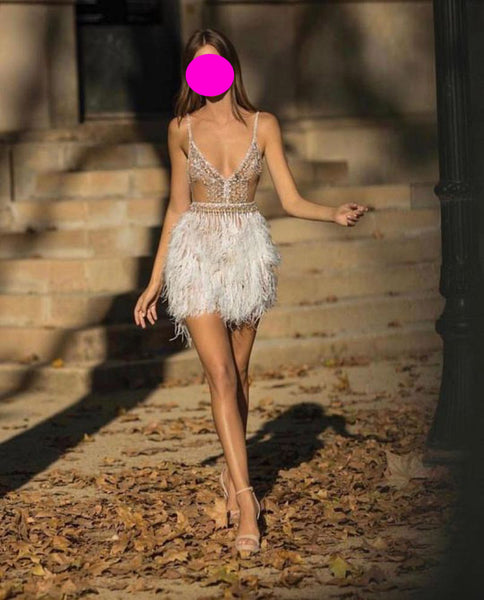 Short Plunging Tasseled Feather Sexy Women Banquet Evening Mini Dress