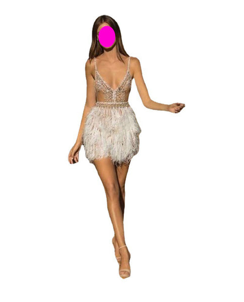 Short Plunging Tasseled Feather Sexy Women Banquet Evening Mini Dress