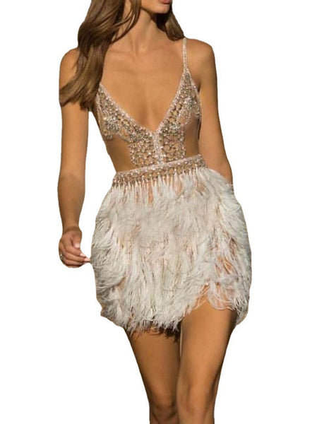 Short Plunging Tasseled Feather Sexy Women Banquet Evening Mini Dress
