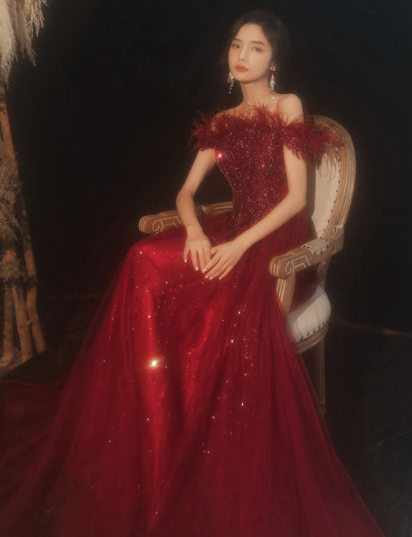 Red Bride Sleeveless Engagement Lace Up Back Feather Long Evening Party Gowns Dress