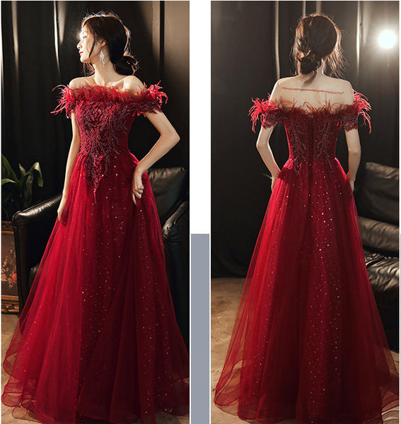 Red Bride Sleeveless Engagement Lace Up Back Feather Long Evening Party Gowns Dress