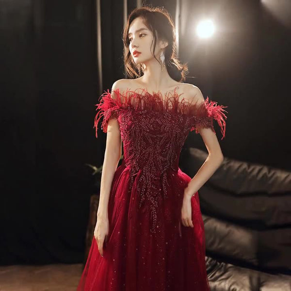 Red Bride Sleeveless Engagement Lace Up Back Feather Long Evening Party Gowns Dress