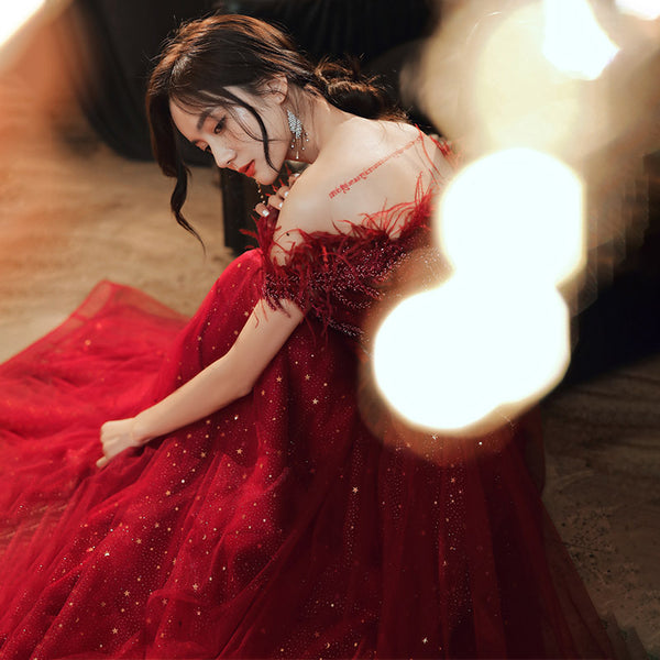 Red Bride Sleeveless Engagement Lace Up Back Feather Long Evening Party Gowns Dress