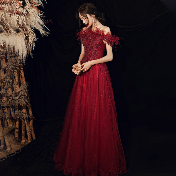 Red Bride Sleeveless Engagement Lace Up Back Feather Long Evening Party Gowns Dress