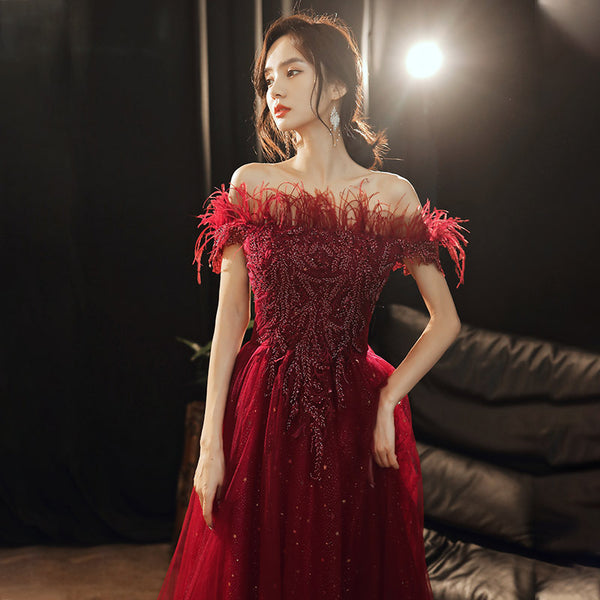 Red Bride Sleeveless Engagement Lace Up Back Feather Long Evening Party Gowns Dress