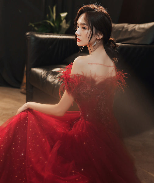 Red Bride Sleeveless Engagement Lace Up Back Feather Long Evening Party Gowns Dress