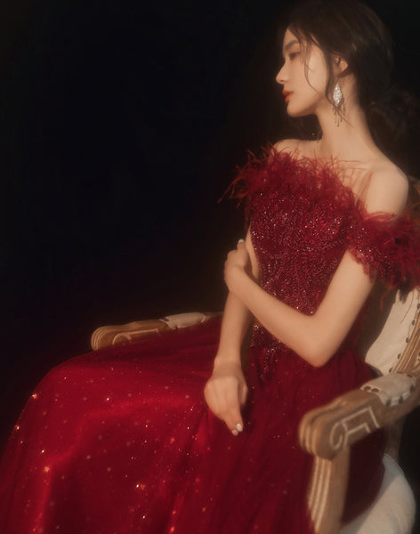 Red Bride Sleeveless Engagement Lace Up Back Feather Long Evening Party Gowns Dress