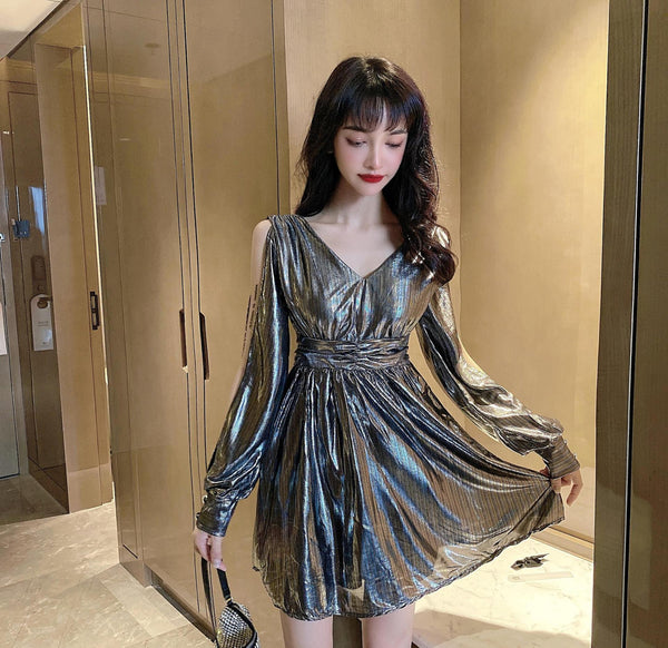 Temperament Women Trendy Sexy Style Off Shoulder Waist V Shape Collar Dress