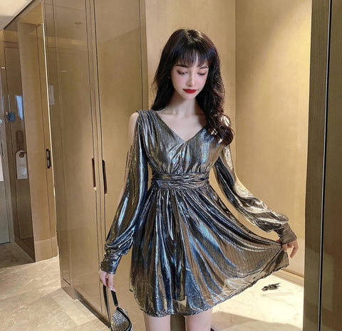 Temperament Women Trendy Sexy Style Off Shoulder Waist V Shape Collar Dress