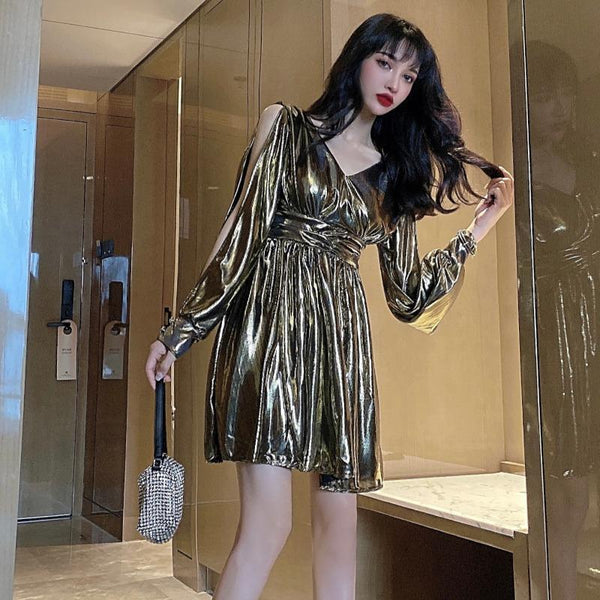 Temperament Women Trendy Sexy Style Off Shoulder Waist V Shape Collar Dress