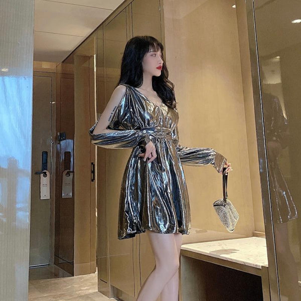 Temperament Women Trendy Sexy Style Off Shoulder Waist V Shape Collar Dress