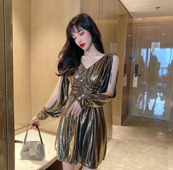 Temperament Women Trendy Sexy Style Off Shoulder Waist V Shape Collar Dress