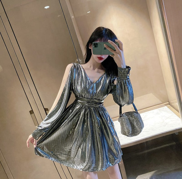 Temperament Women Trendy Sexy Style Off Shoulder Waist V Shape Collar Dress