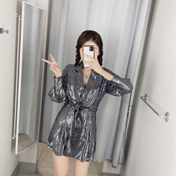 Spring Women Fashion Belt Shinny Sequins Lace Up V Shape Collar Jumpsuit