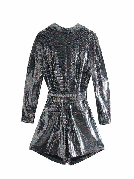 Spring Women Fashion Belt Shinny Sequins Lace Up V Shape Collar Jumpsuit