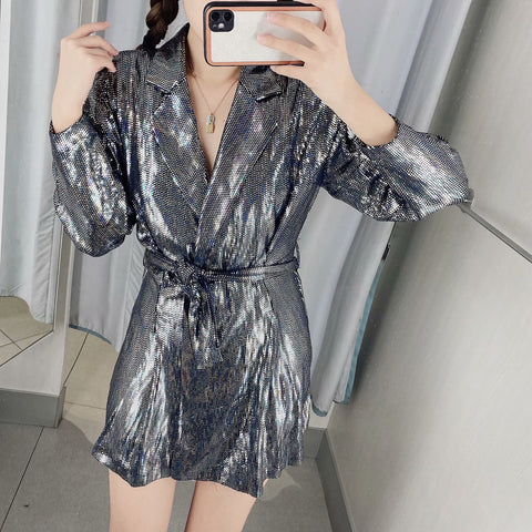 Spring Women Fashion Belt Shinny Sequins Lace Up V Shape Collar Jumpsuit