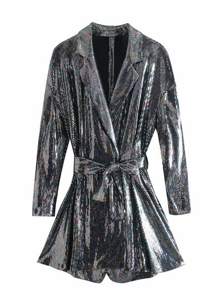 Spring Women Fashion Belt Shinny Sequins Lace Up V Shape Collar Jumpsuit