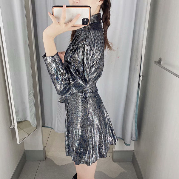 Spring Women Fashion Belt Shinny Sequins Lace Up V Shape Collar Jumpsuit