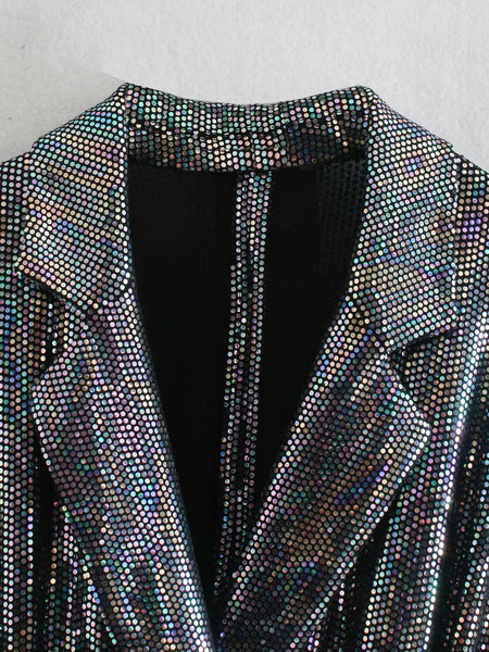 Spring Women Fashion Belt Shinny Sequins Lace Up V Shape Collar Jumpsuit