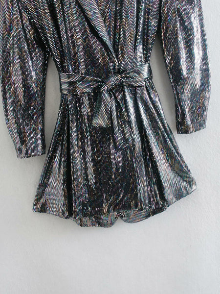 Spring Women Fashion Belt Shinny Sequins Lace Up V Shape Collar Jumpsuit