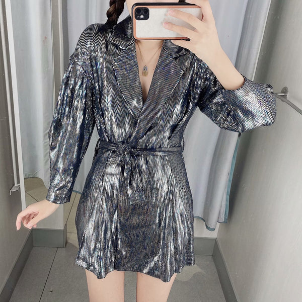 Spring Women Fashion Belt Shinny Sequins Lace Up V Shape Collar Jumpsuit