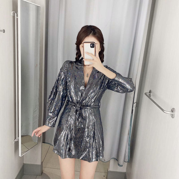 Spring Women Fashion Belt Shinny Sequins Lace Up V Shape Collar Jumpsuit