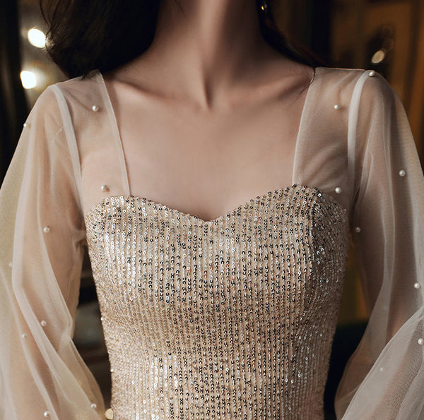 Elegant Women Fishtail Sequins Long Sleeved Banquet Temperament Long Evening Dress