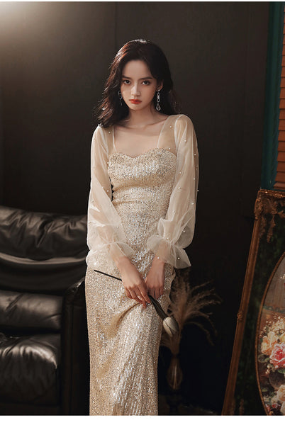 Elegant Women Fishtail Sequins Long Sleeved Banquet Temperament Long Evening Dress