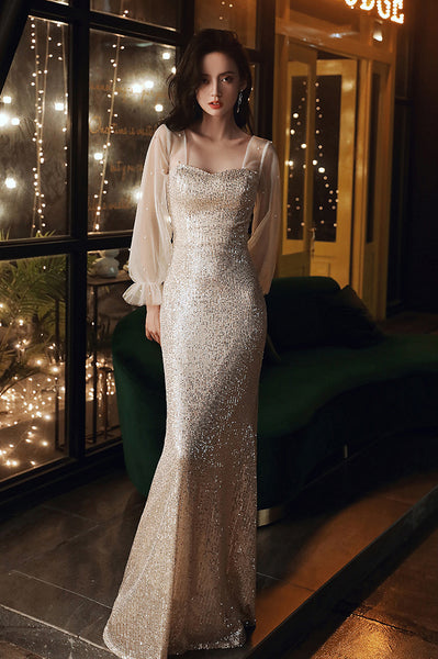 Elegant Women Fishtail Sequins Long Sleeved Banquet Temperament Long Evening Dress