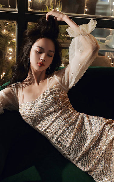 Elegant Women Fishtail Sequins Long Sleeved Banquet Temperament Long Evening Dress