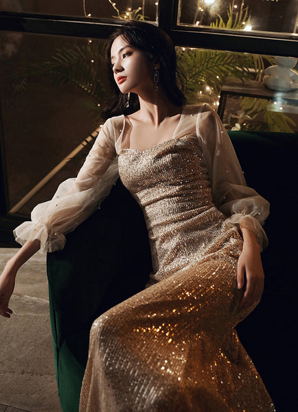 Elegant Women Fishtail Sequins Long Sleeved Banquet Temperament Long Evening Dress