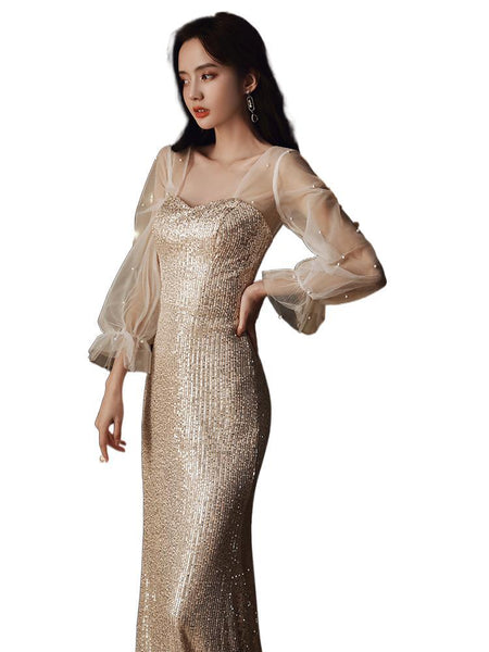 Elegant Women Fishtail Sequins Long Sleeved Banquet Temperament Long Evening Dress