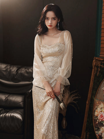 Elegant Women Fishtail Sequins Long Sleeved Banquet Temperament Long Evening Dress