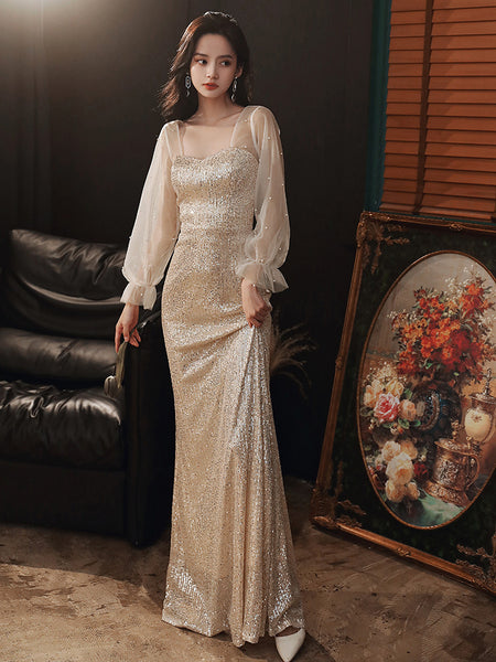 Elegant Women Fishtail Sequins Long Sleeved Banquet Temperament Long Evening Dress