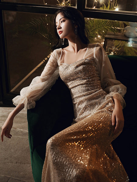 Elegant Women Fishtail Sequins Long Sleeved Banquet Temperament Long Evening Dress