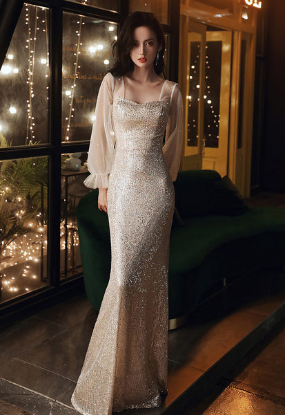Elegant Women Fishtail Sequins Long Sleeved Banquet Temperament Long Evening Dress