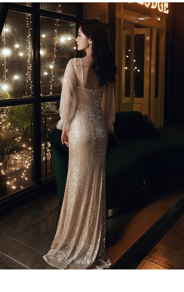 Elegant Women Fishtail Sequins Long Sleeved Banquet Temperament Long Evening Dress